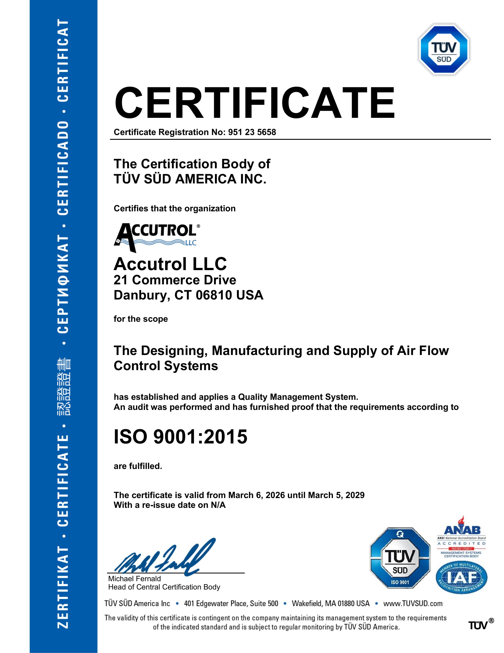 Accutrol LLC ISO 9001 2015 Certificate